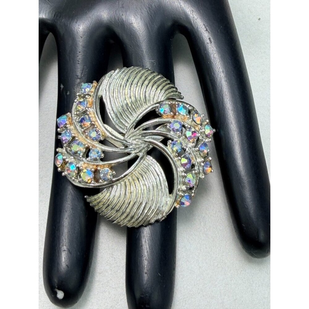 Vintage Aurora Borealis Rhinestone Swirl Brooch Silver Tone 1950s 1.5"